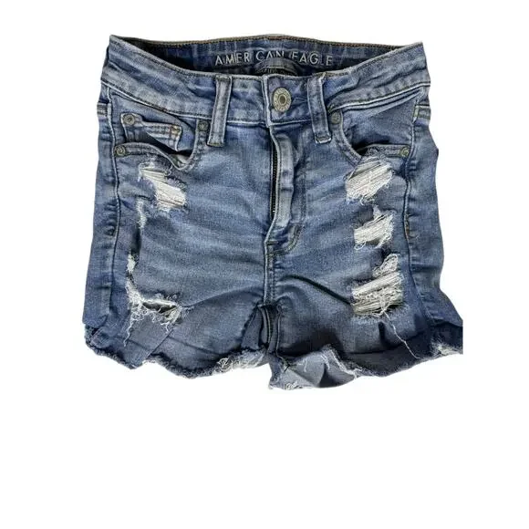 American Eagle Shorts women 00 Blue Hi-rise Shortie Ripped Denim - Picture 6 of 7
